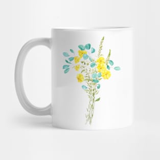 yellow flower and green eucalyptus leaf Mug